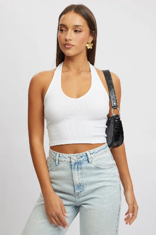 White Halter Top Sleeveless Rib