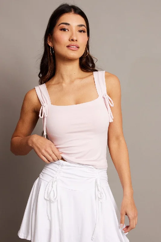 Pink Crop Top Square Neck With Ribbons