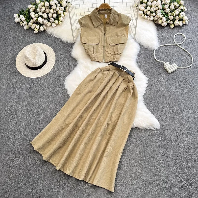 Fashion Suit Women's Sleeveless Shirt Two-piece Set A-Line Skirt     S4158