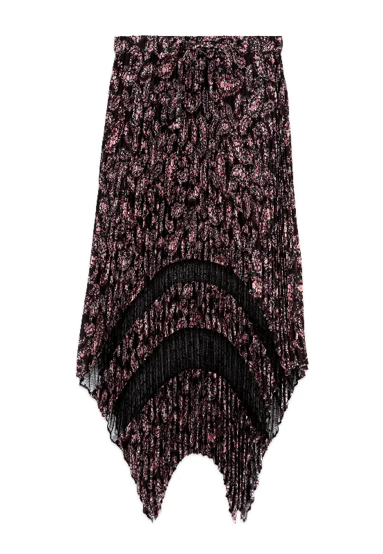 Paisley Print Pleated Long Skirt With Mesh Inserts | Women | Black x Pink