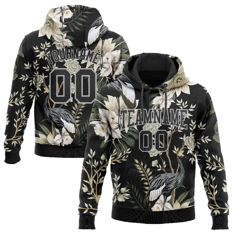 Custom Stitched Black Gray 3D Pattern Design Heron And Flower Sports Pullover Sweatshirt Hoodie