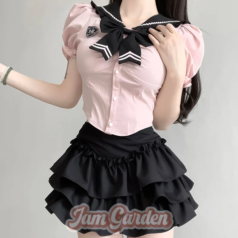 Elastic Waist Cute Shirt with Tie Layered Mini Skirt