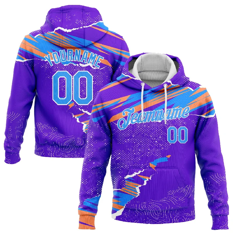 Custom Stitched Purple Light Blue Orange-White 3D Pattern Design Sports Pullover Sweatshirt Hoodie