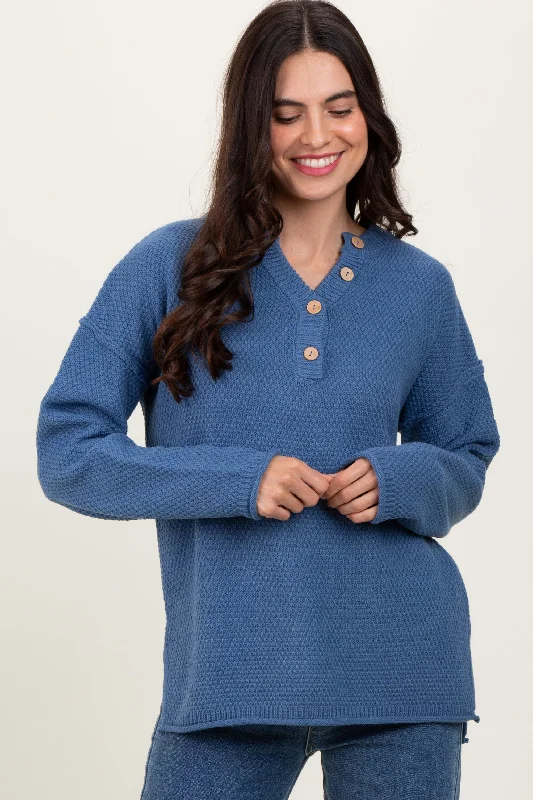 Denim Diamond Knit Button Detail Sweater