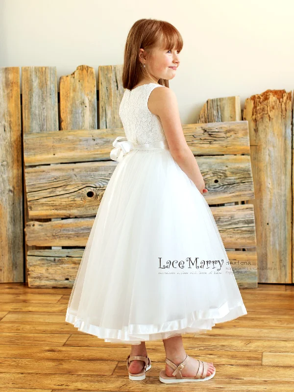 LILU / Tulle and Lace Flower Girl Dress with Ribbon Trimmed Skirt Hem