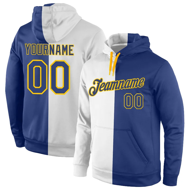 Custom Stitched White Royal-Gold Split Fashion Sports Pullover Sweatshirt Hoodie