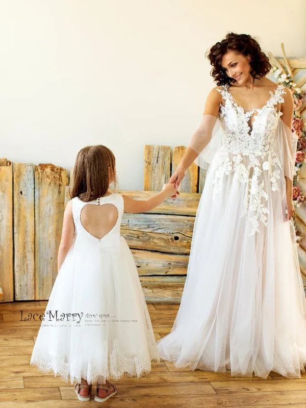 VIKA / Ivory Lace Flower Girl Dress With Princess Tulle Skirt