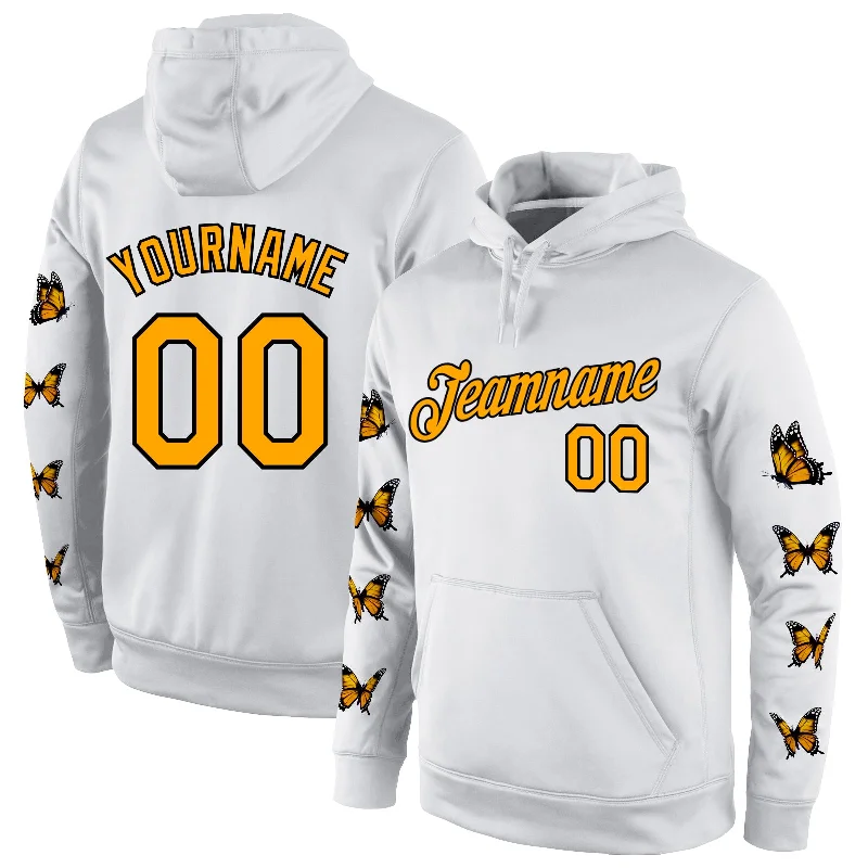 Custom Stitched White Gold-Black 3D Pattern Design Butterfly Sports Pullover Sweatshirt Hoodie