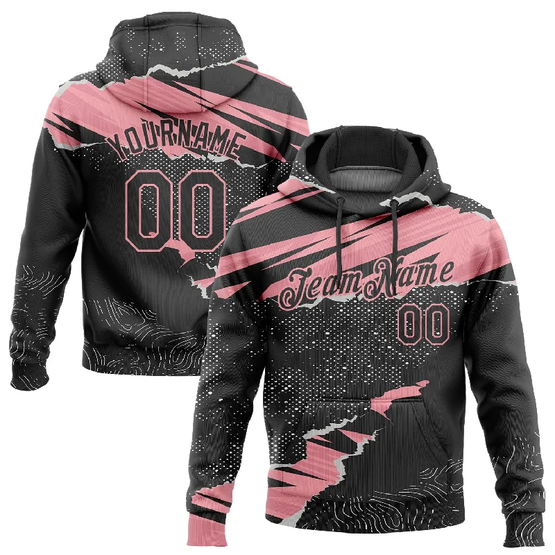 Custom Stitched Black Medium Pink 3D Pattern Design Torn Paper Style Sports Pullover Sweatshirt Hoodie