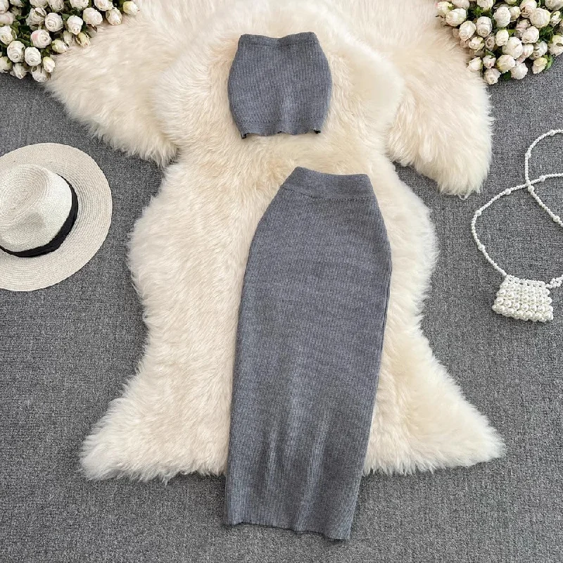 Fashionable casual suit for hot girls sexy short tube top two-piece set knitted skirt      S4182