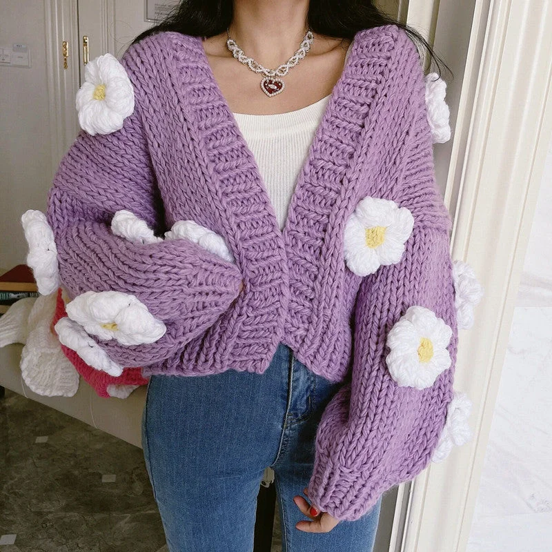 Chunky Daisy Cropped Cardigan (Purple)