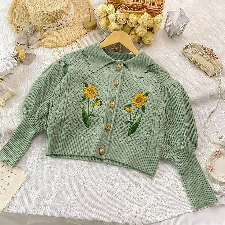 Sunflower Collared Cardigan (Sage)