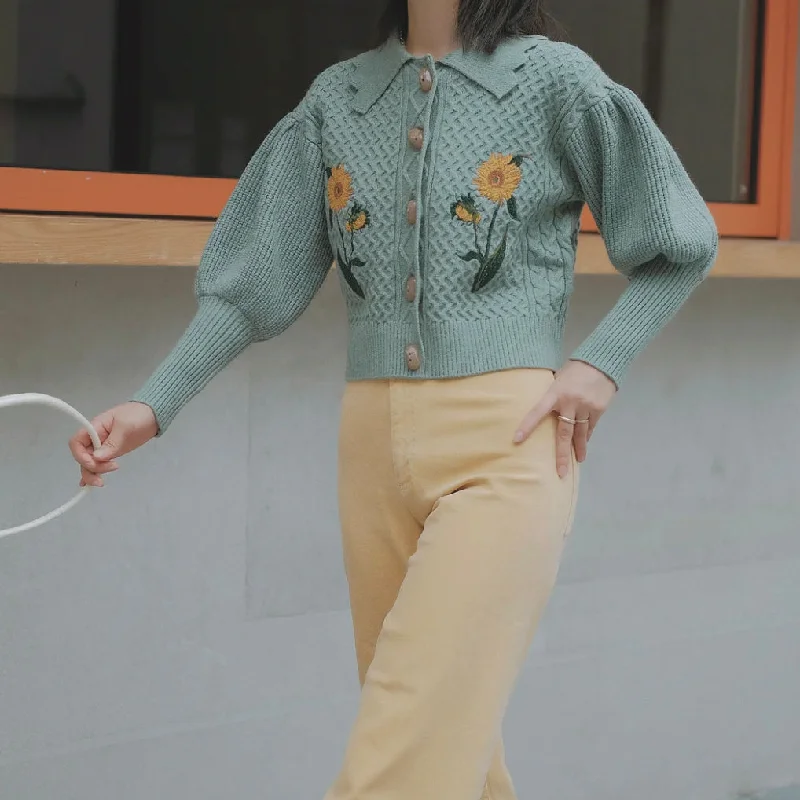 Sunflower Collared Cardigan (Turquoise)