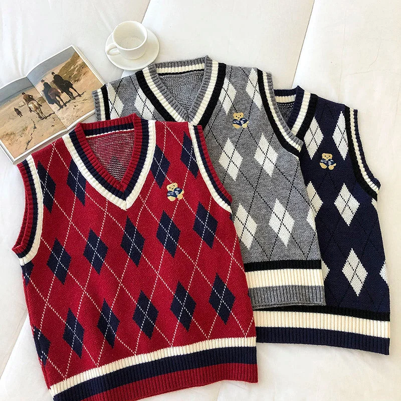 Bear Plaid Sweater Vest (3 Colors)