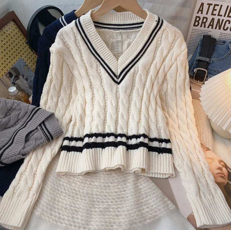 Varsity Cable Knit V-Neck Sweater (3 Colors)