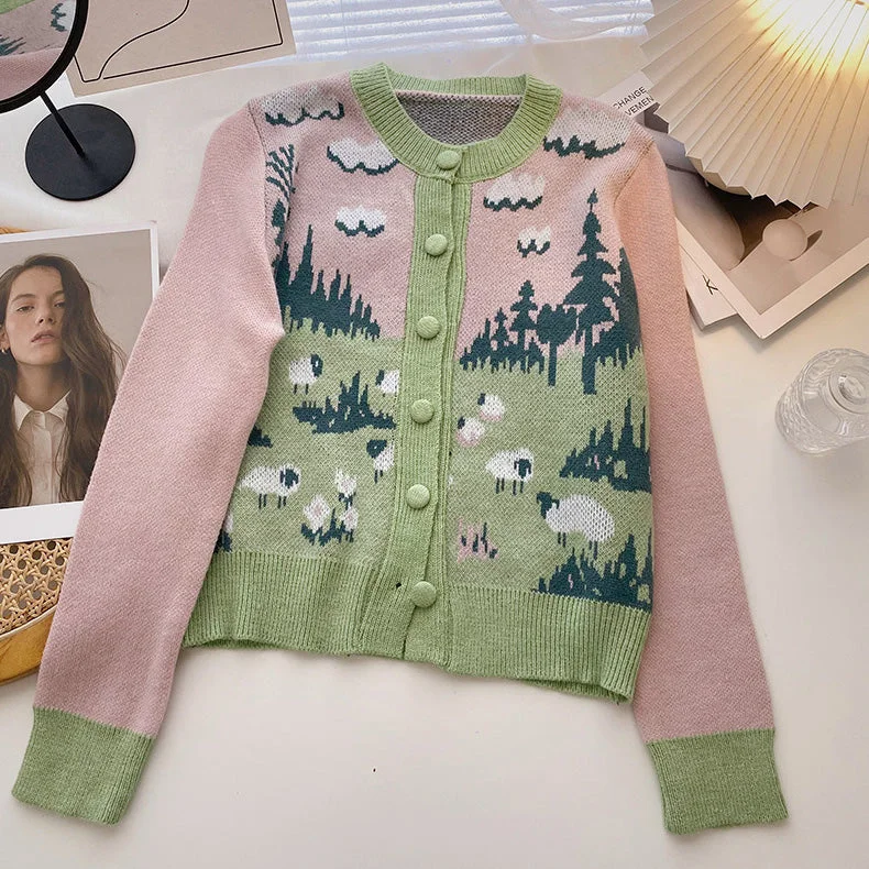 Country Sheep Cardigan (Pink/Green)