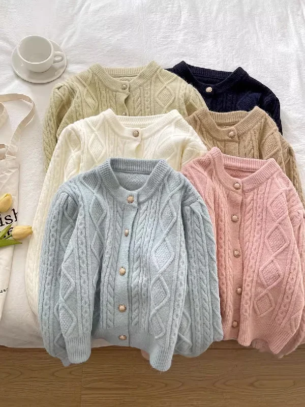 Round Neck Cable Knit Cardigan (9 Colors)