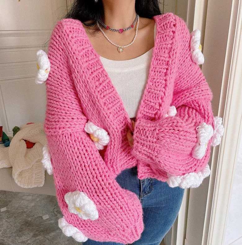 Chunky Daisy Cropped Cardigan (Pink)