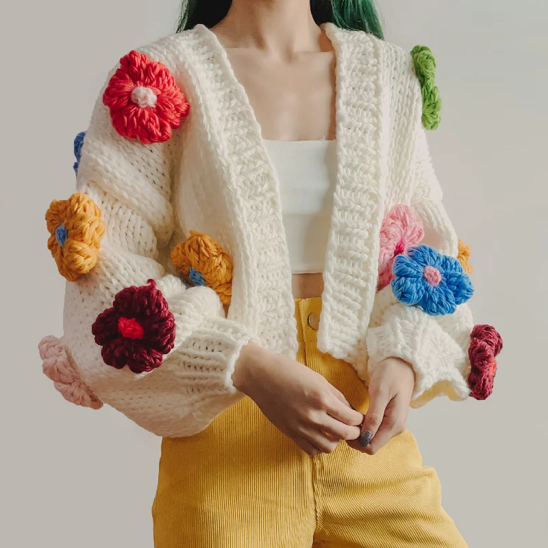 Chunky Daisy Cropped Cardigan (White/Multi)