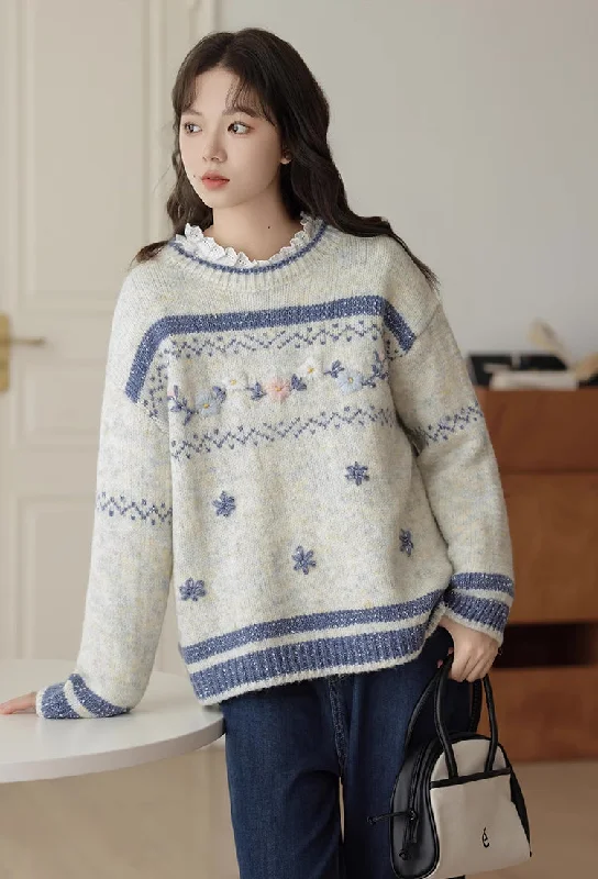 Embroidered Floral Fair Isle Sweater (Off-White)