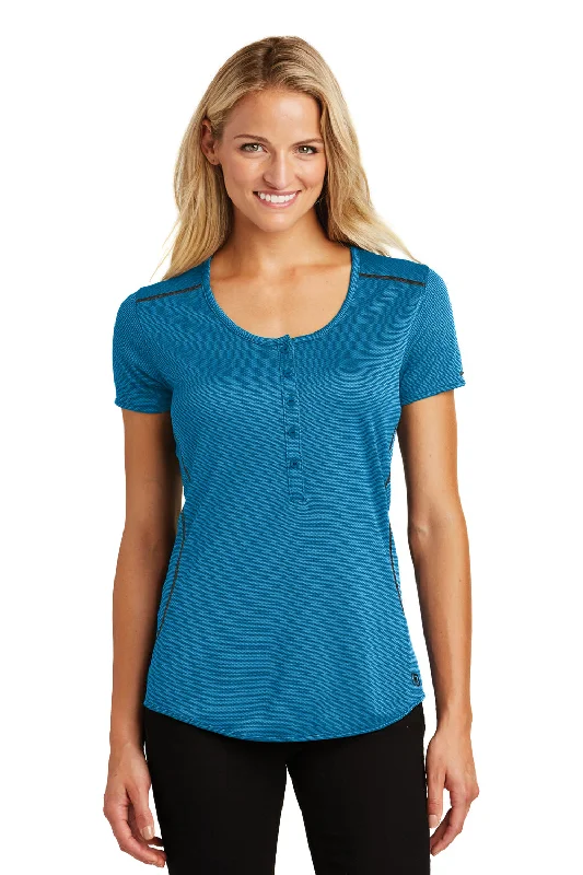 Ogio Womens Orbit Moisture Wicking Short Sleeve Henley T-Shirt - Bolt Blue/Blacktop - Closeout