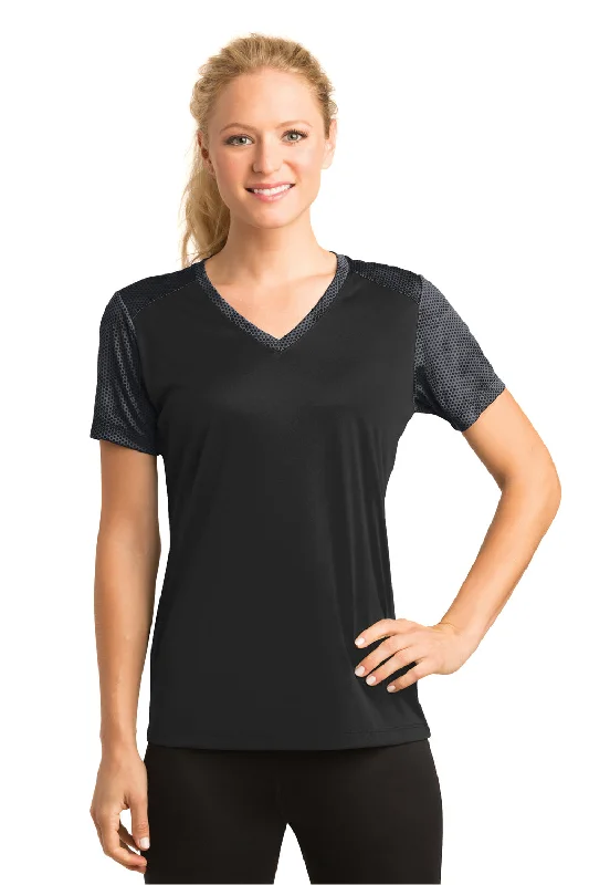 Sport-Tek Womens CamoHex Moisture Wicking Short Sleeve V-Neck T-Shirt - Black/Iron Grey - Closeout