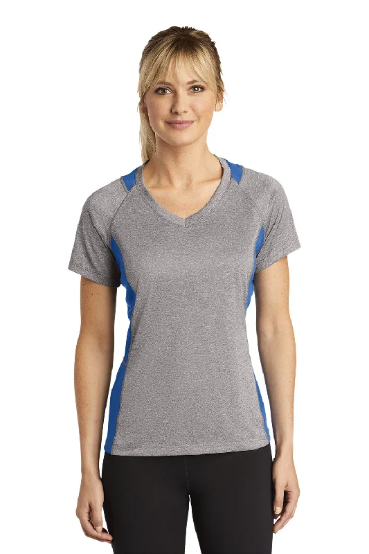 Sport-Tek Womens Contender Heather Moisture Wicking Short Sleeve V-Neck T-Shirt - Heather Vintage Grey/True Royal Blue