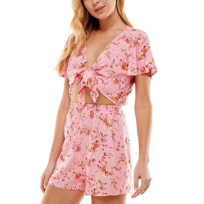 Bebop Junior's Printed Cutout Tie Front Romper Pink Size Medium