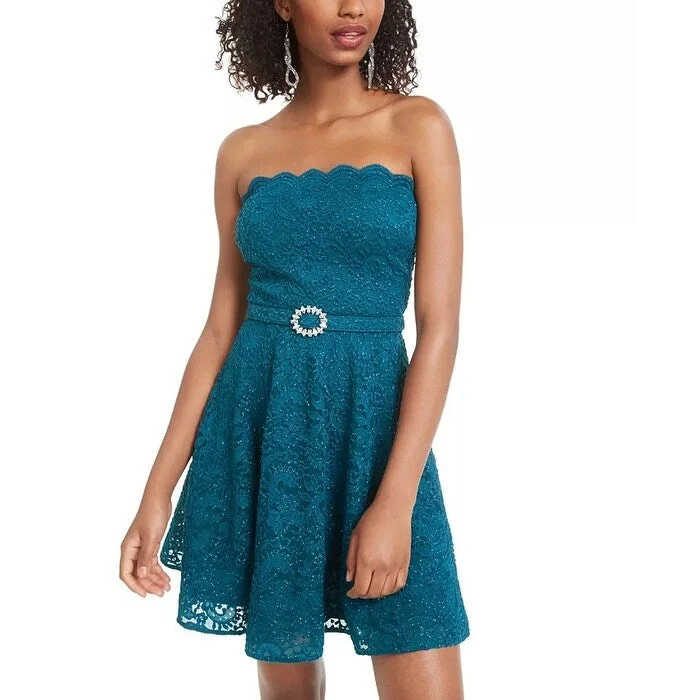 City Studios Juniors' Strapless Lace A-Line Dress Turq/Aqua Size 15