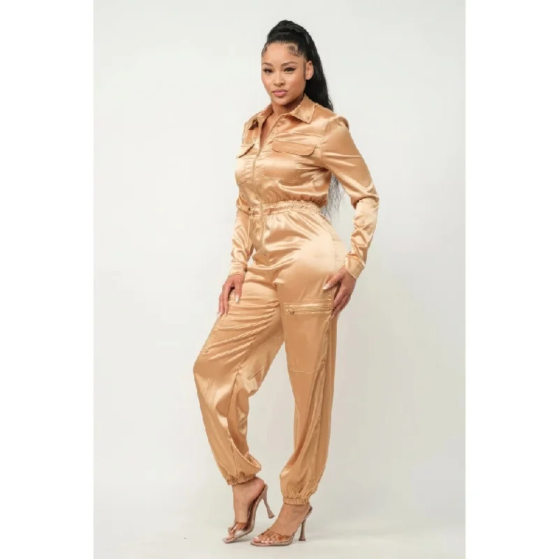 Front Zipper Pockets Top And Pants Jumpsuit