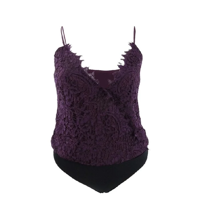 Leyden Womens Floral Lace Bodysuit Jumpsuit, Purple, Large