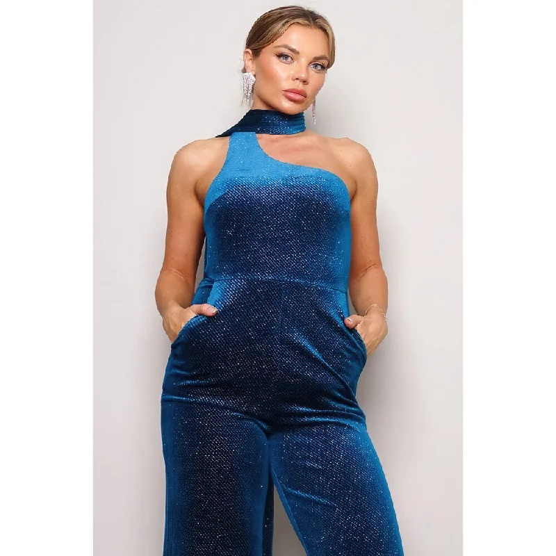 Teal Polyester Scarf Top Glitter Velvet Jumpsuit