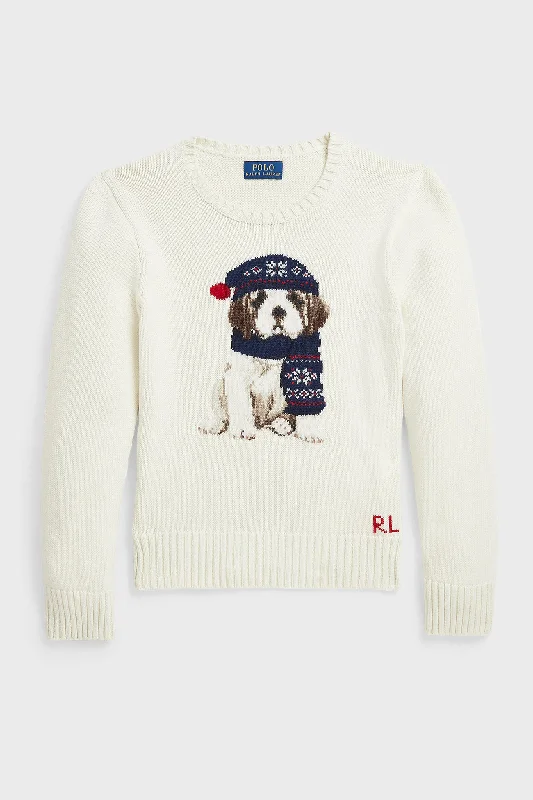 Little Girls Long-Sleeve Combed Cotton Novelty Dog Graphic Sweater