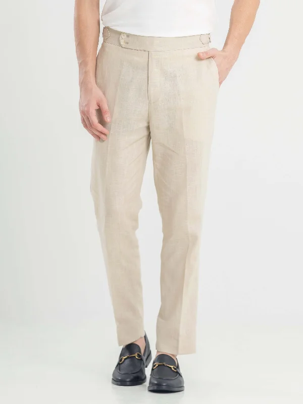 Trousers With Side Adjusters -  Linen Cream Plain