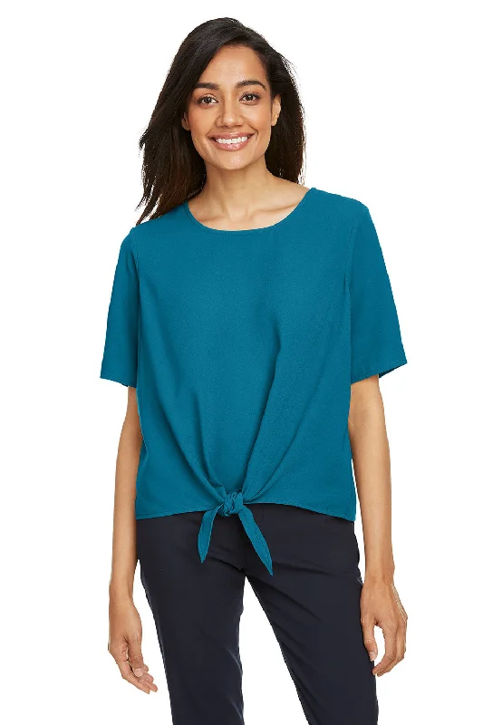 Devon & Jones Womens Perfect Fit Tie Front Short Sleeve Blouse - Dark Teal Blue