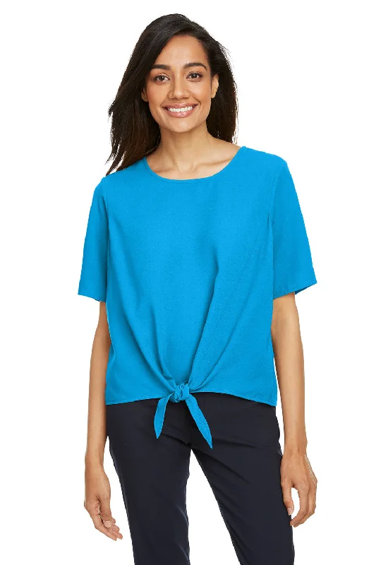 Devon & Jones Womens Perfect Fit Tie Front Short Sleeve Blouse - Ocean Blue