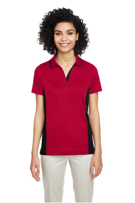 Harriton Womens Flash Performance Moisture Wicking Colorblock Short Sleeve Polo Shirt - Red/Black