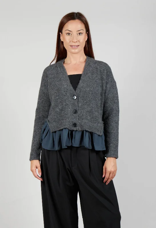 Knitted Cardigan with Frill Hem in Grey and Piomb