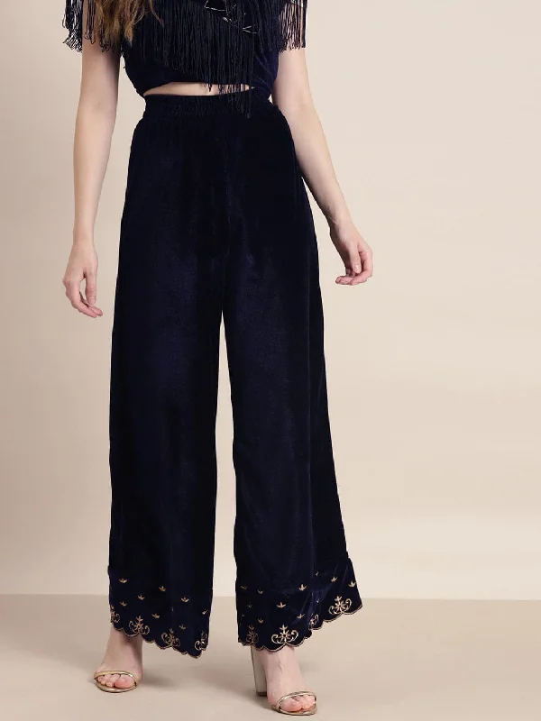 Navy Velvet Embroidered Flared Pants