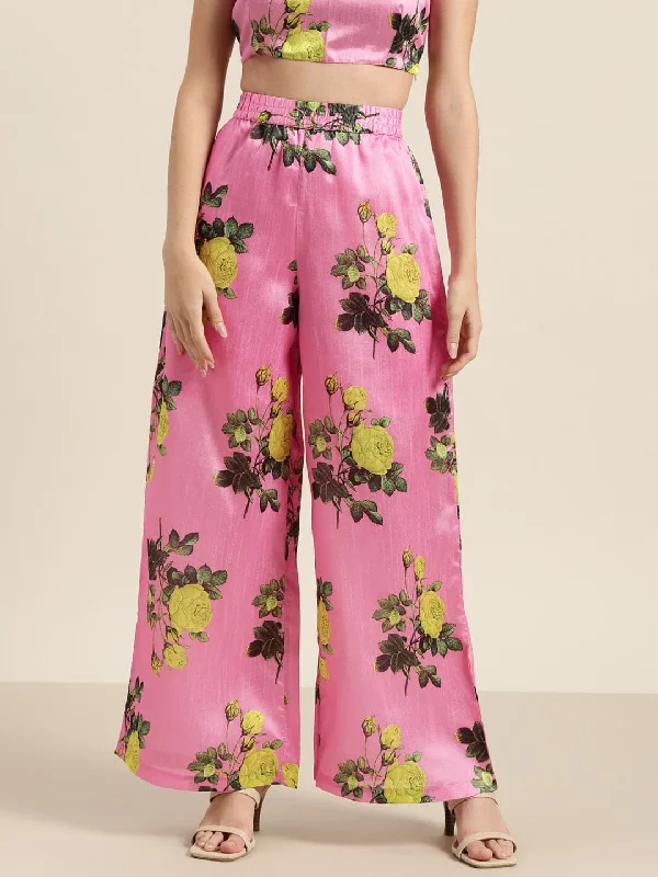 Pink Floral Polysilk Palazzo Pants