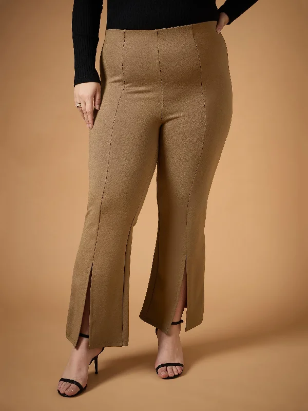 Women Beige Front Slit Detail Bell Bottom Pants