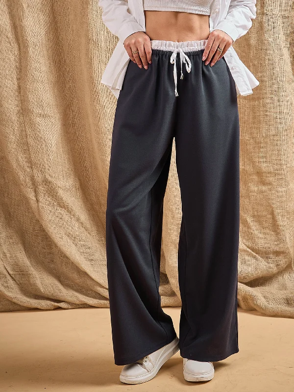 Women Grey Contrast Paperback Waist Korean Pants