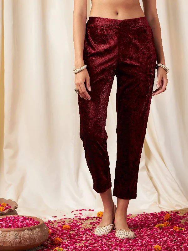 Women Maroon Velvet Pencil Pants