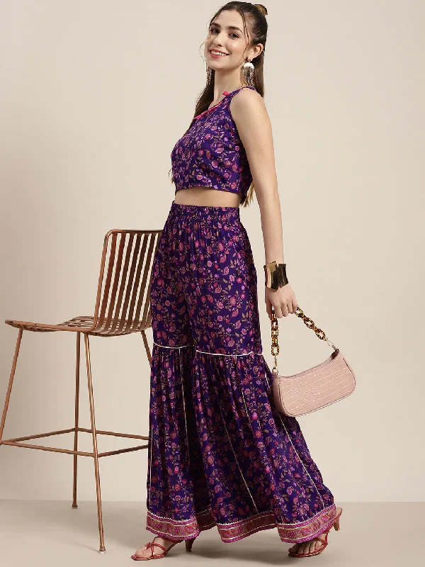 Women Purple Floral Sharara Pants