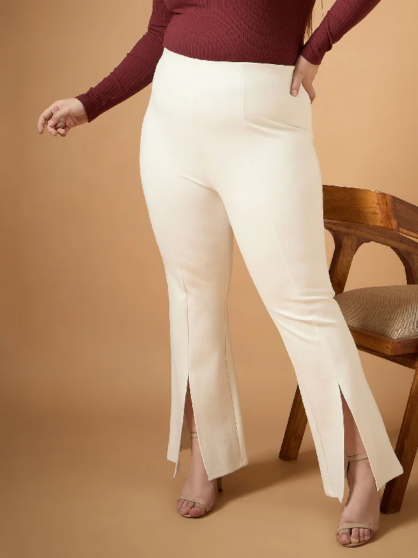 Women White Front Slit Detail Bell Bottom Pants